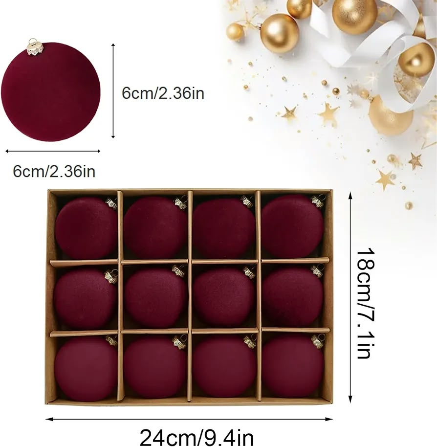 Burgundy Velvet Christmas Baubles – 6cm, Set of 12 #VB4374