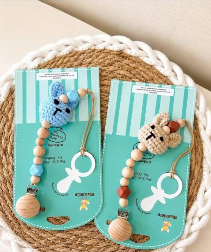 Crochet Bunny Wooden Bead Baby Pacifier Clip #CC4393