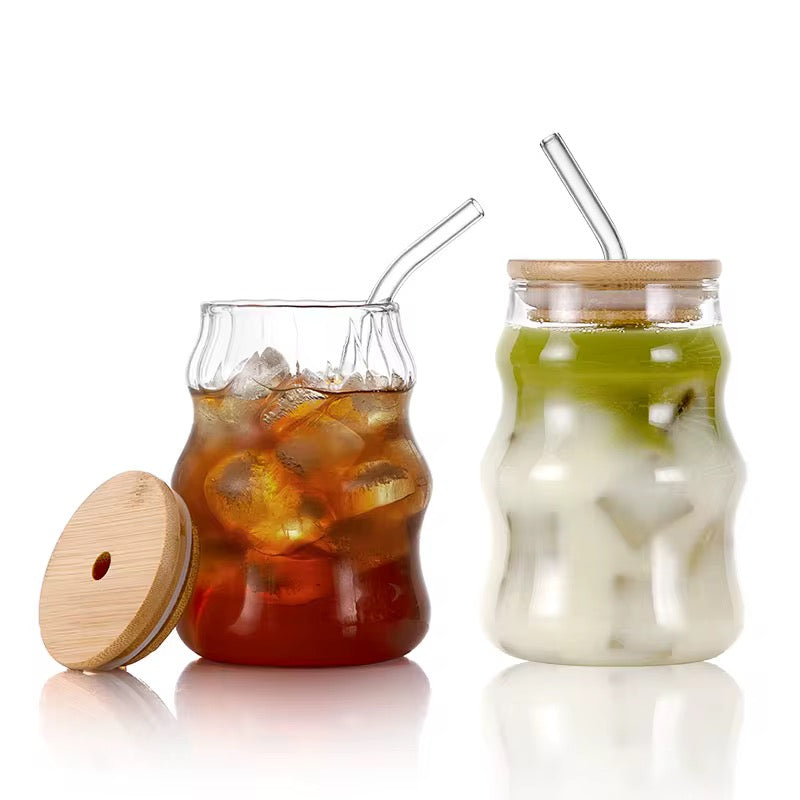 Wavy Glass Cup with Bamboo Lid & Glass Straw  #GM3966