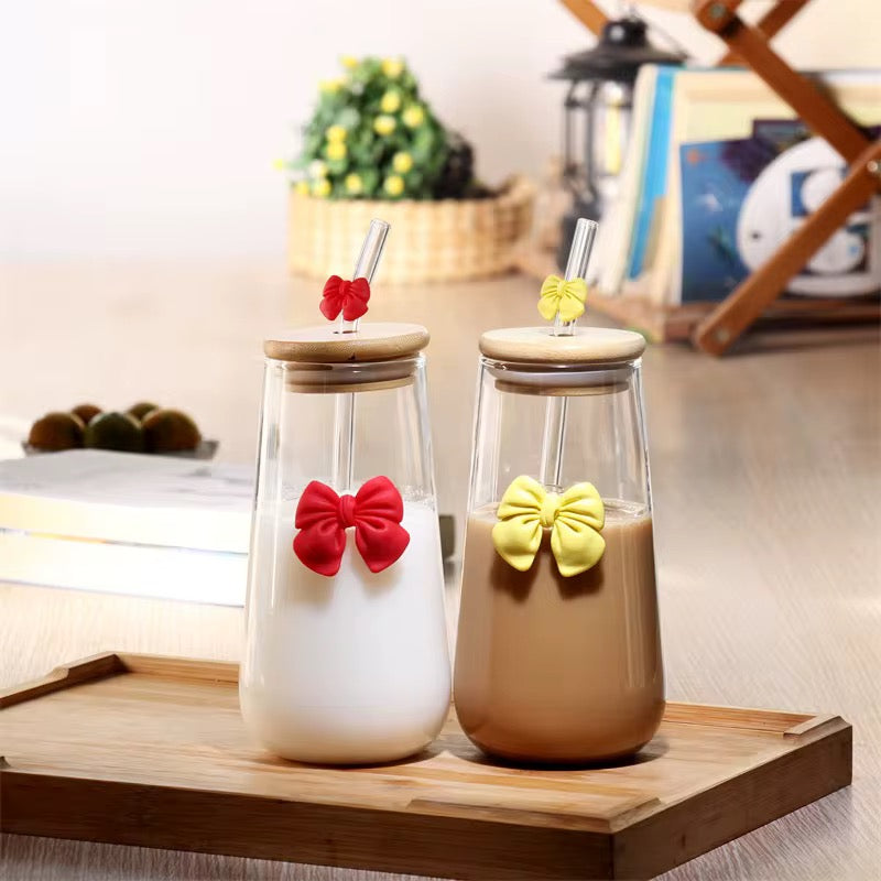 400ml Glass Milk & Coffee Bottle with Bow Silicone Decor – Bamboo Lid & Straw #GJ2578