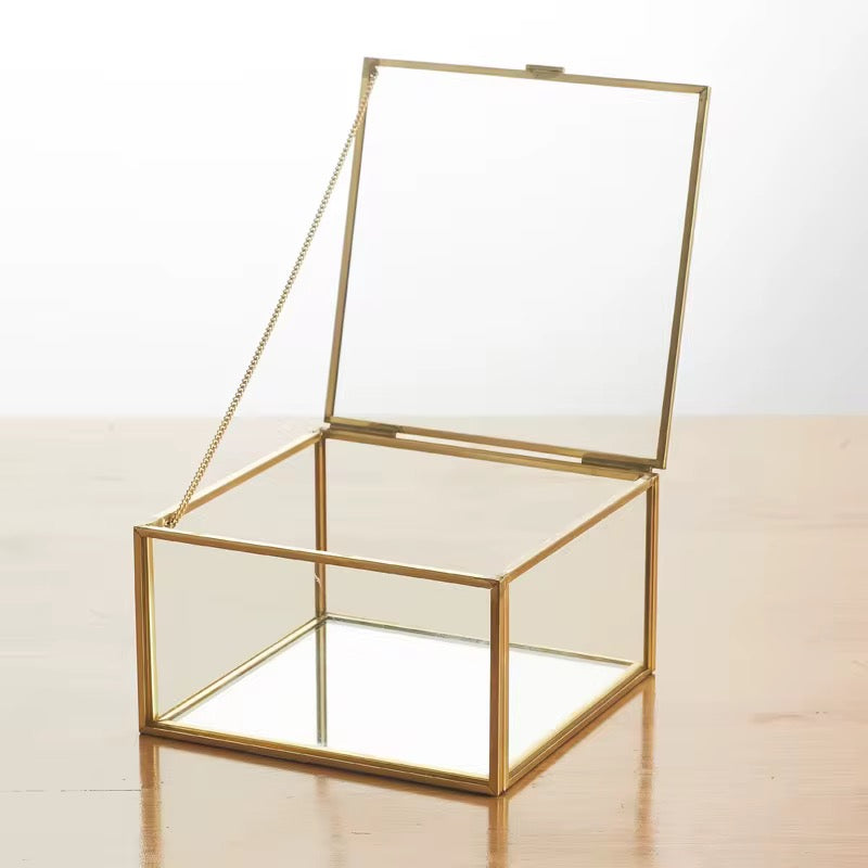 Square Glass Jewelry Box – Gold Frame (6x6x4cm) #JB2961