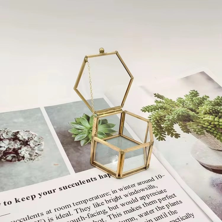 Hexagon Glass Jewelry Box – Gold Frame (7x4.5cm) #JB2960