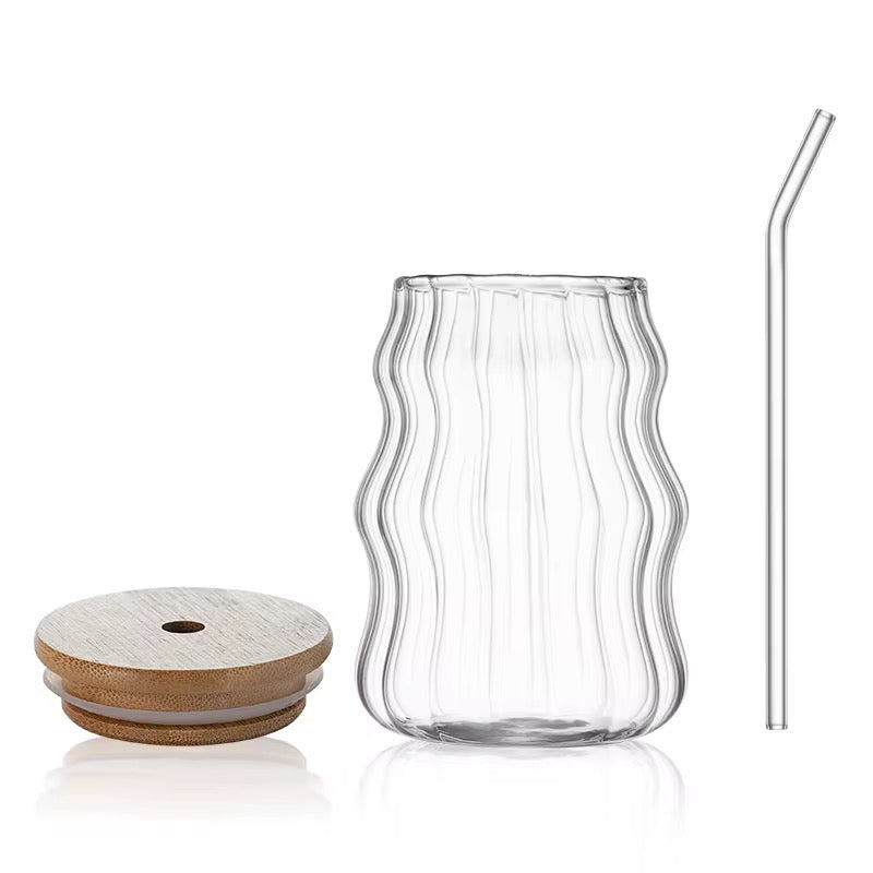 Wavy Glass Cup with Bamboo Lid & Glass Straw  #GM3967