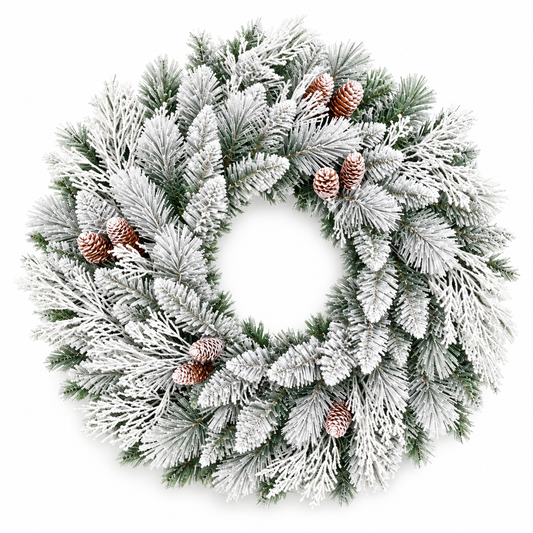 Frosted Christmas Wreath with Snowy Pine Branches & Pinecones – 60cm #FF4441