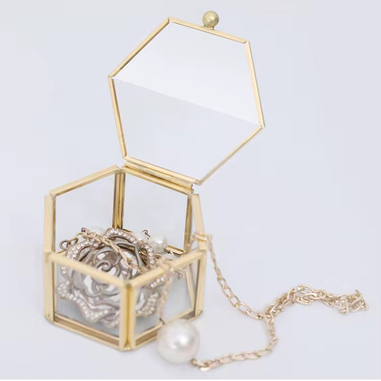 Hexagon Glass Jewelry Box – Gold Frame (7x4.5cm) #JB2960
