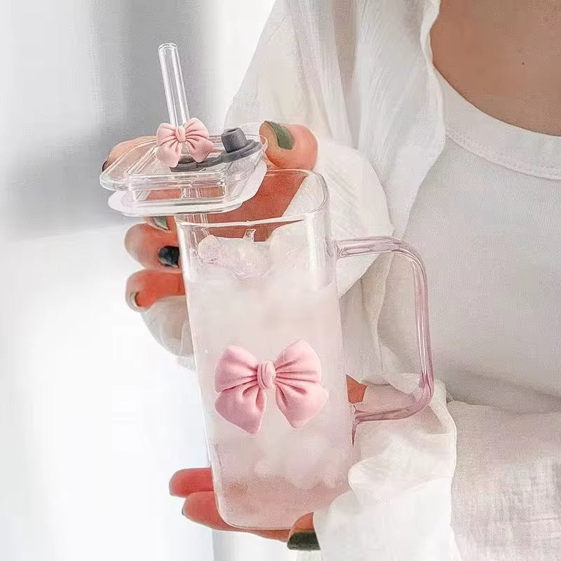 Glass Cup With Glass Lid and Straw With Handle #GC2020