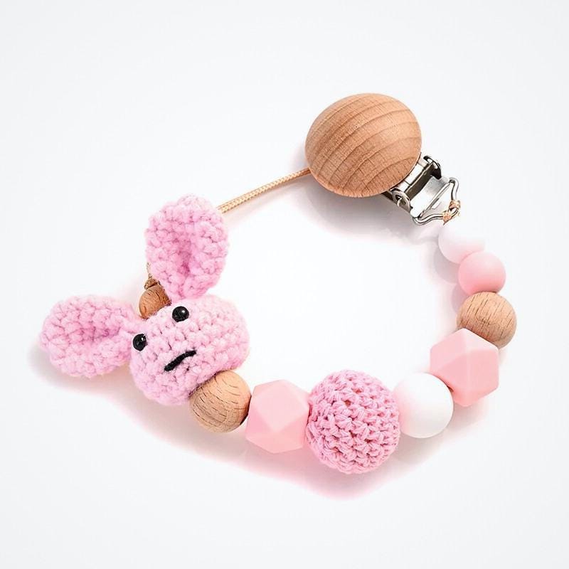 Crochet Bunny Wooden Bead Baby Pacifier Clip #CC4393