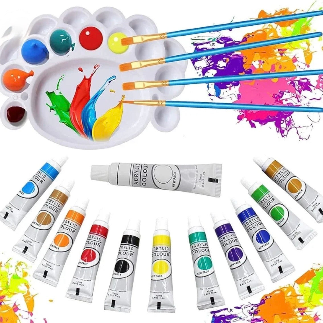 12-Color Acrylic Paint Set with Palette & 4 Brushes #DS4009