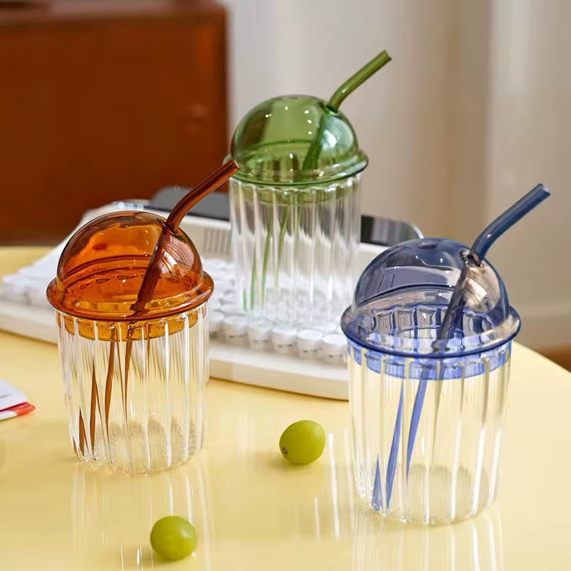 Ribbed Glass Cup with Dome Lid & Glass Straw #GM3969