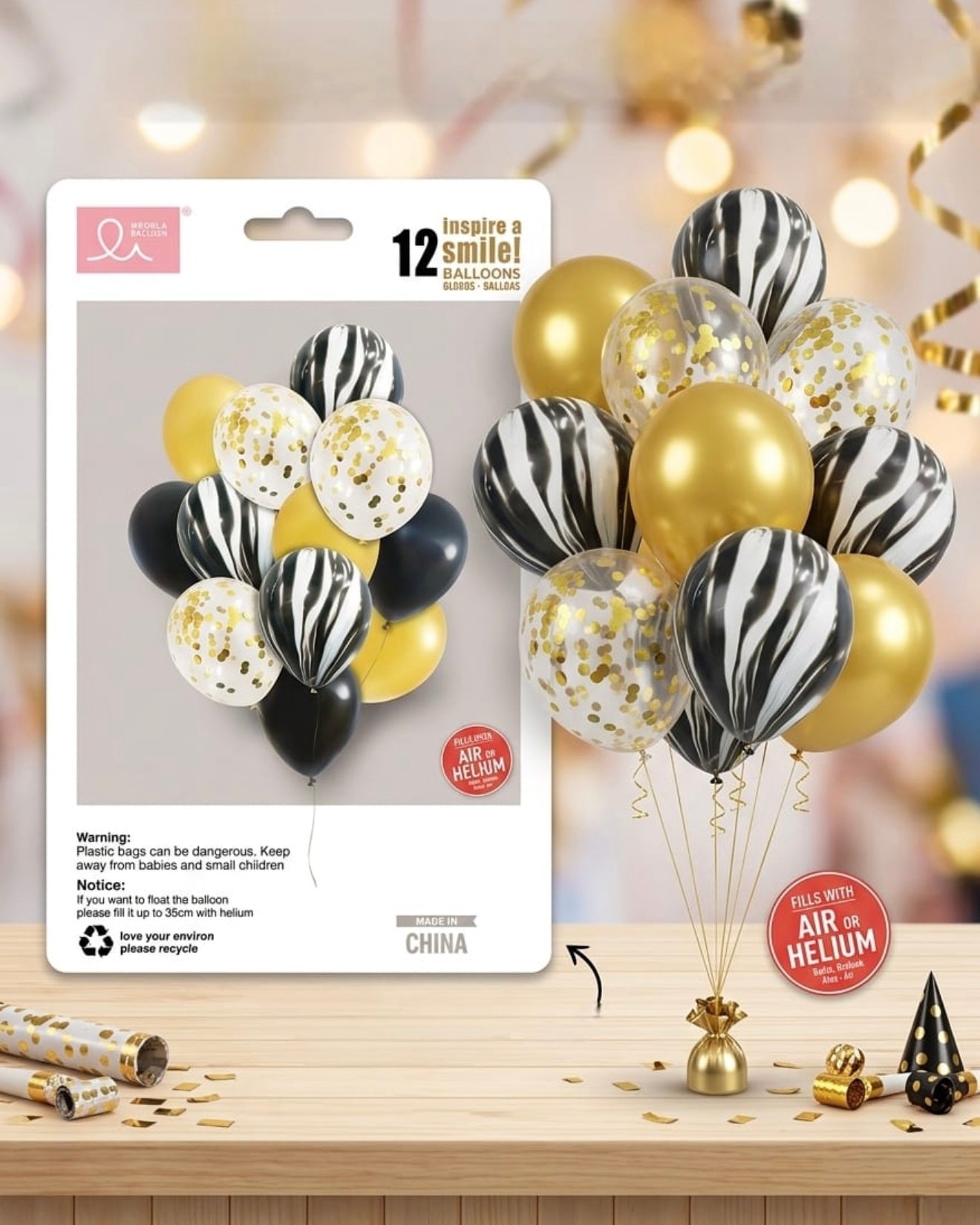 Luxury Black & Gold Balloon Bouquet Set – 12 Pieces #BS3210
