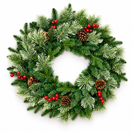 Frosted Christmas Wreath with Pinecones & Red Berries – 60cm #FF4439