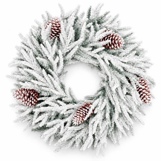 Snowy Christmas Wreath with Frosted Pinecones – 75cm #FF4442