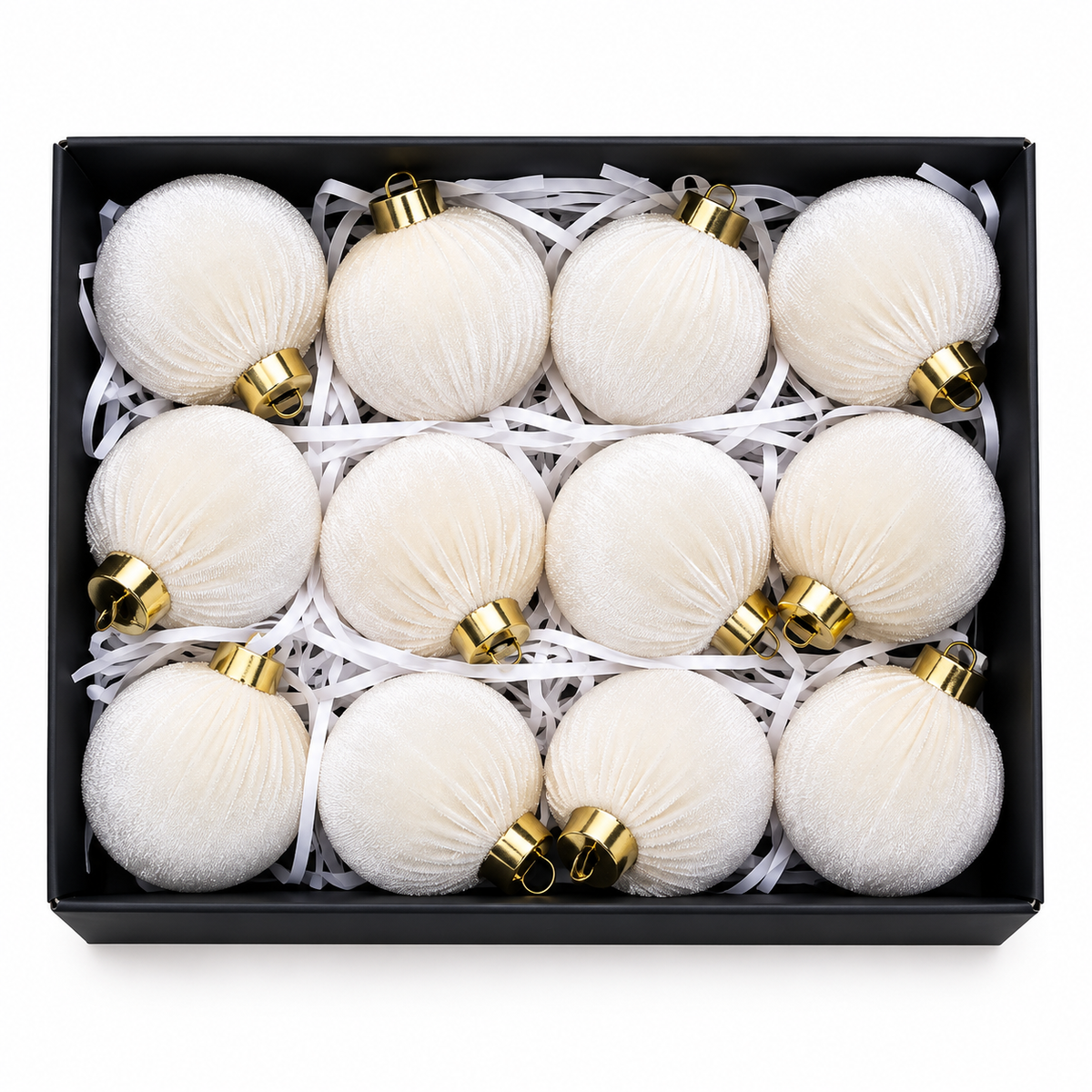 Ivory Velvet Christmas Baubles – 12 Pieces #CD4509