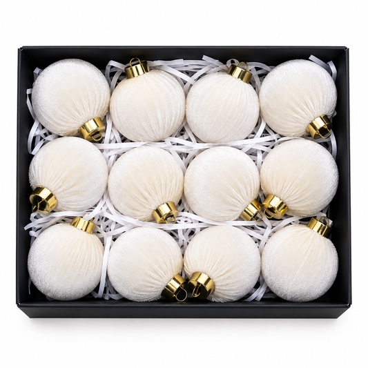 Ivory Velvet Christmas Baubles – 12 Pieces #CD4509