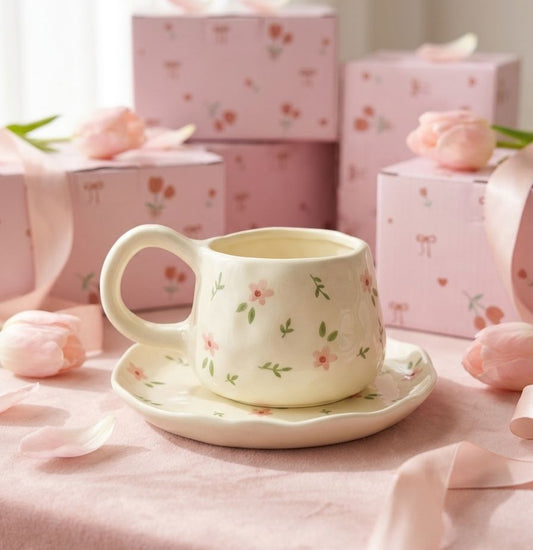 Floral Ceramic Mug with Plate Set – 11x7cm Mug / 15cm Plate #CM3183