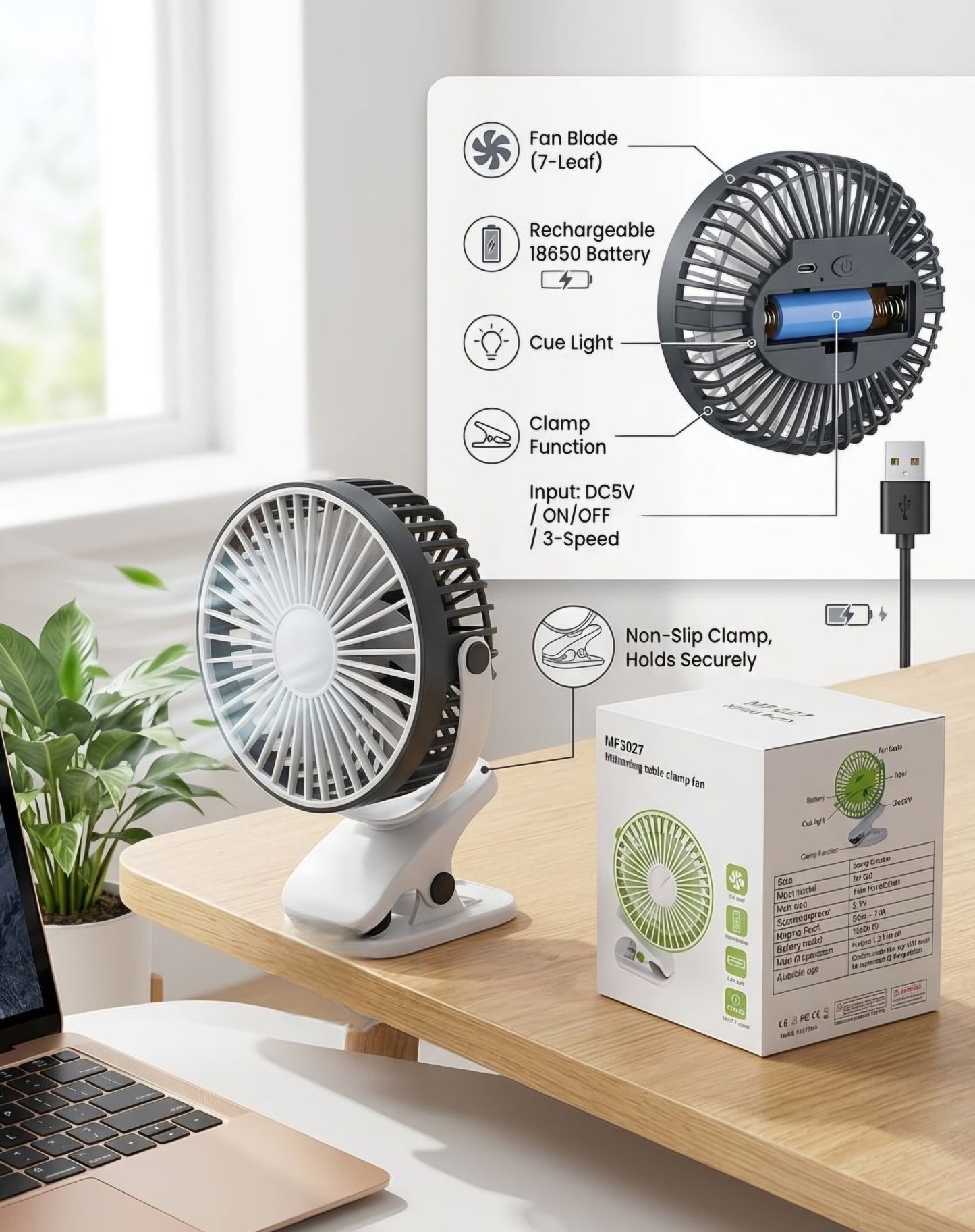 19x17cm Mini Rechargeable Clip Fan with LED Light #RF3870