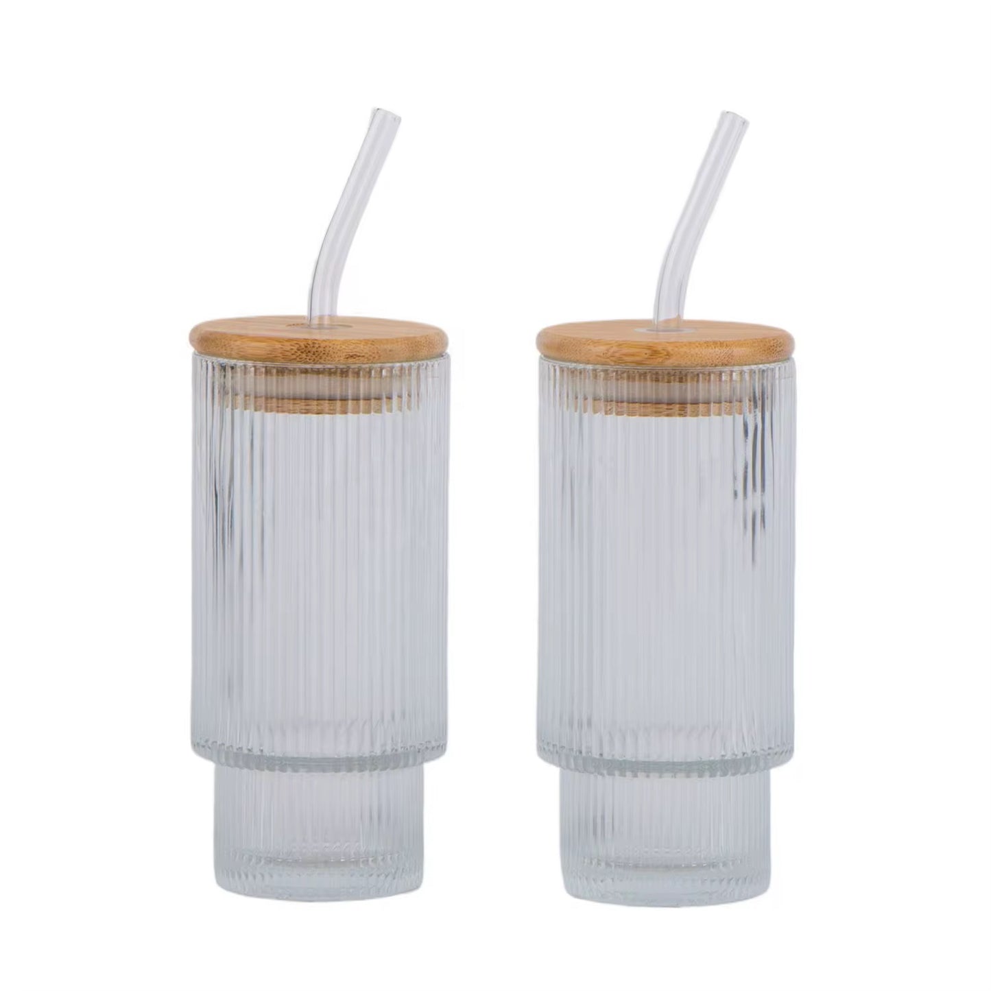 Ribbed Glass Tumbler with Bamboo Lid & Glass Straw #GM3968