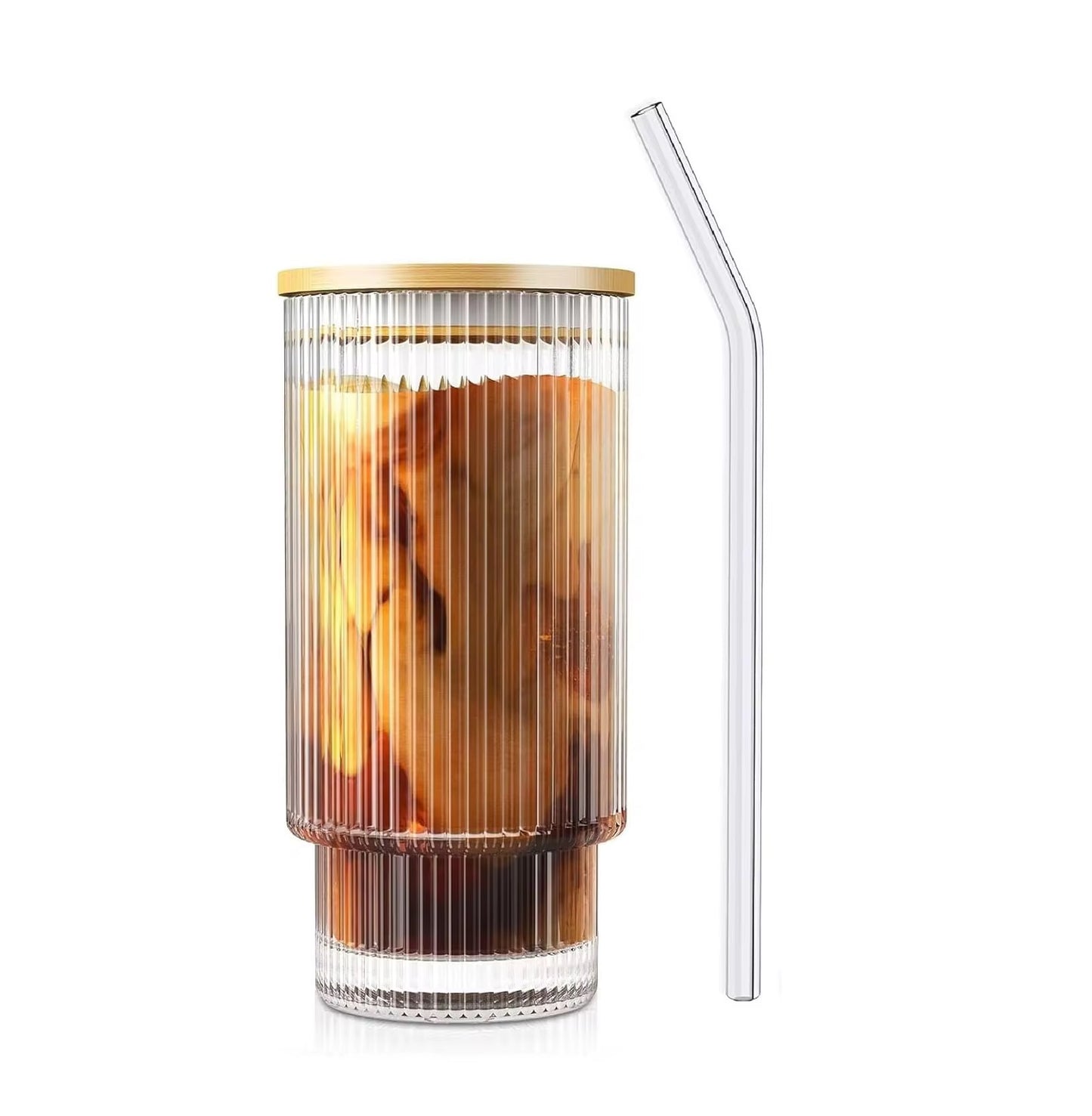Ribbed Glass Tumbler with Bamboo Lid & Glass Straw #GM3968