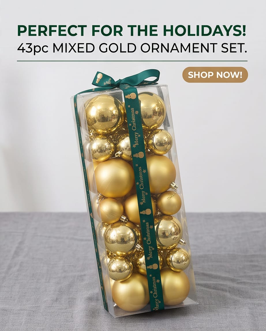 43-Piece Gold Christmas Baubles Set – Matte & Shiny #CD4539