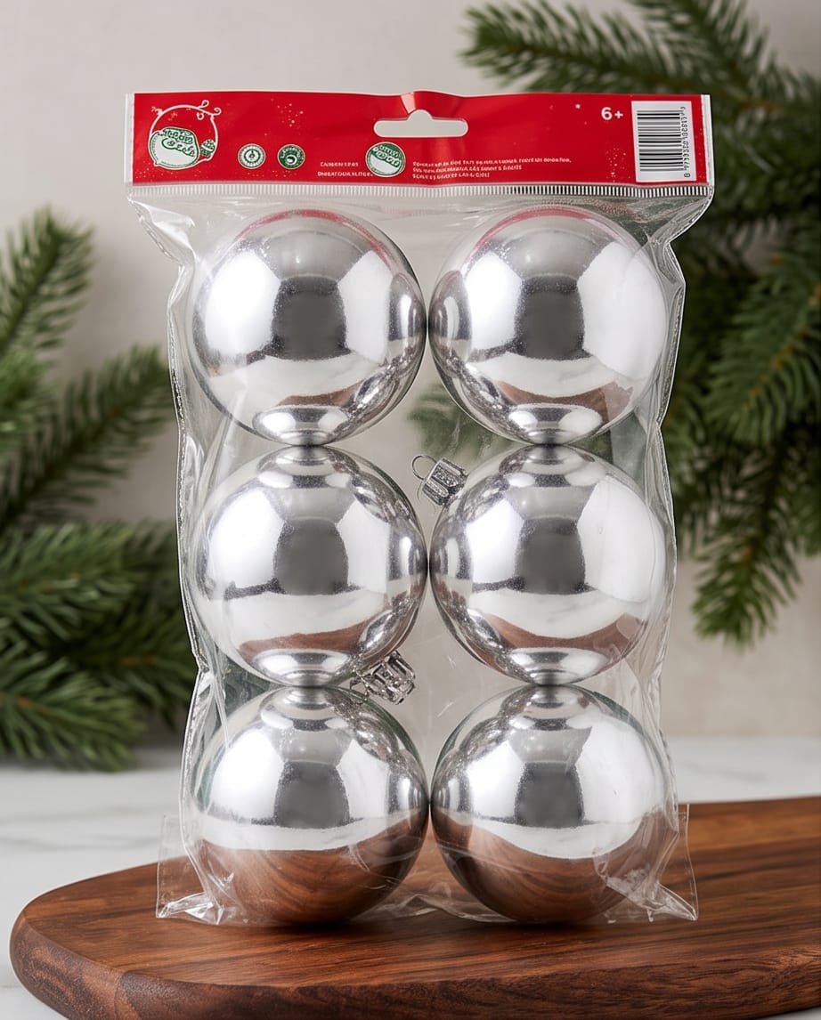 Set of 6 Silver Shiny Christmas Baubles – 8cm #CD4541